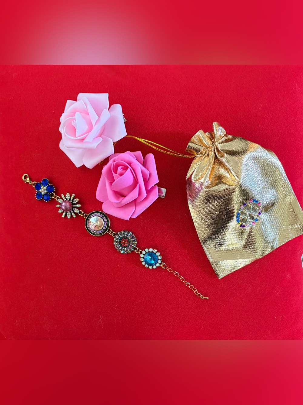 💖Women's Multicolor Gemstone Floral Bracelet with Gold Pouch New